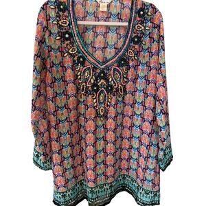 Lucky & Coco Beaded Tunic Top Women's Size XL Swimsuit Cover-Up Jeweled Colorful